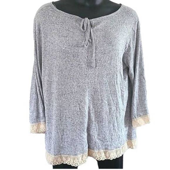 NWT Forgotten Grace Women’s 3X Long Sleeve Crochet Lace Trim Tunic Top, Grey - Picture 2 of 6